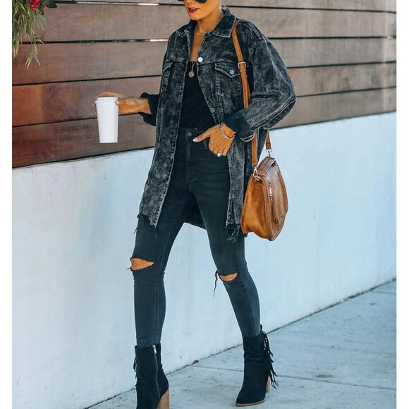 Womens Black Oversized Corduroy Shirt Jacket Casual Button Down Retro - Picture 2 of 4